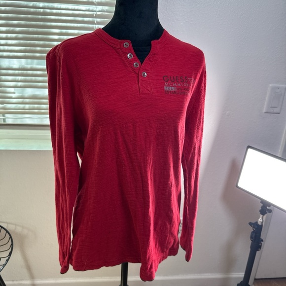 GUESS Red Long Sleeve Henley Shirt - Picture 2 of 5